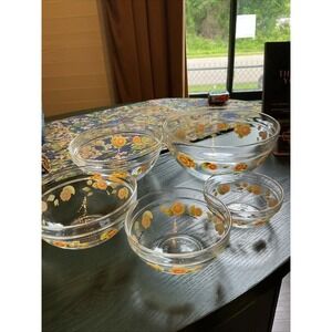 Vintage Sunflower Glass Nesting Mixing Bowls Set of 5 Heat Resistant Clear Glass